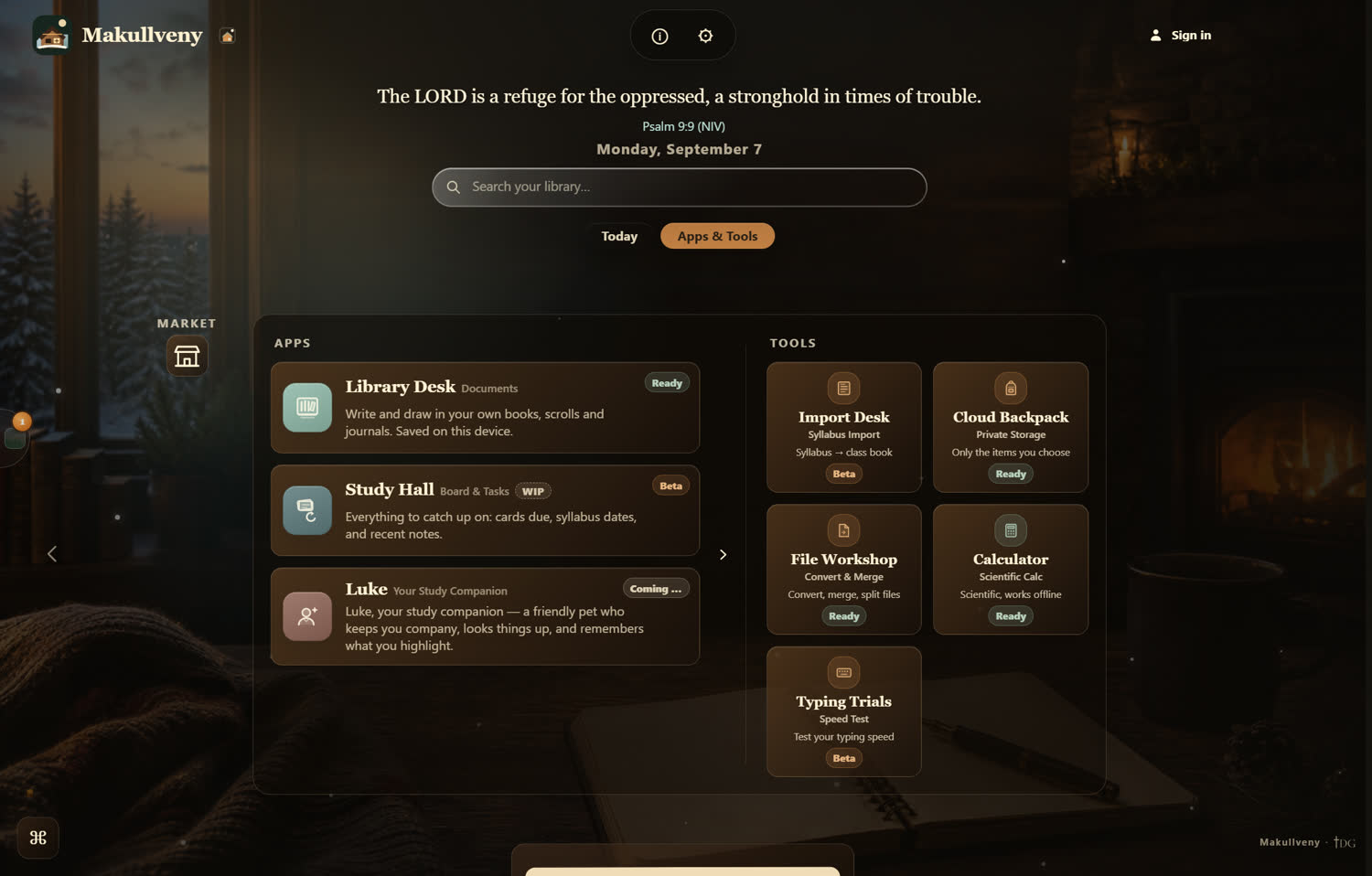 The Apps and Tools tab: Library Desk marked Ready, Study Hall marked Beta, Luke marked Coming, and the tools — Import Desk, Cloud Backpack, File Workshop, Calculator and Typing Trials — each with its own state
