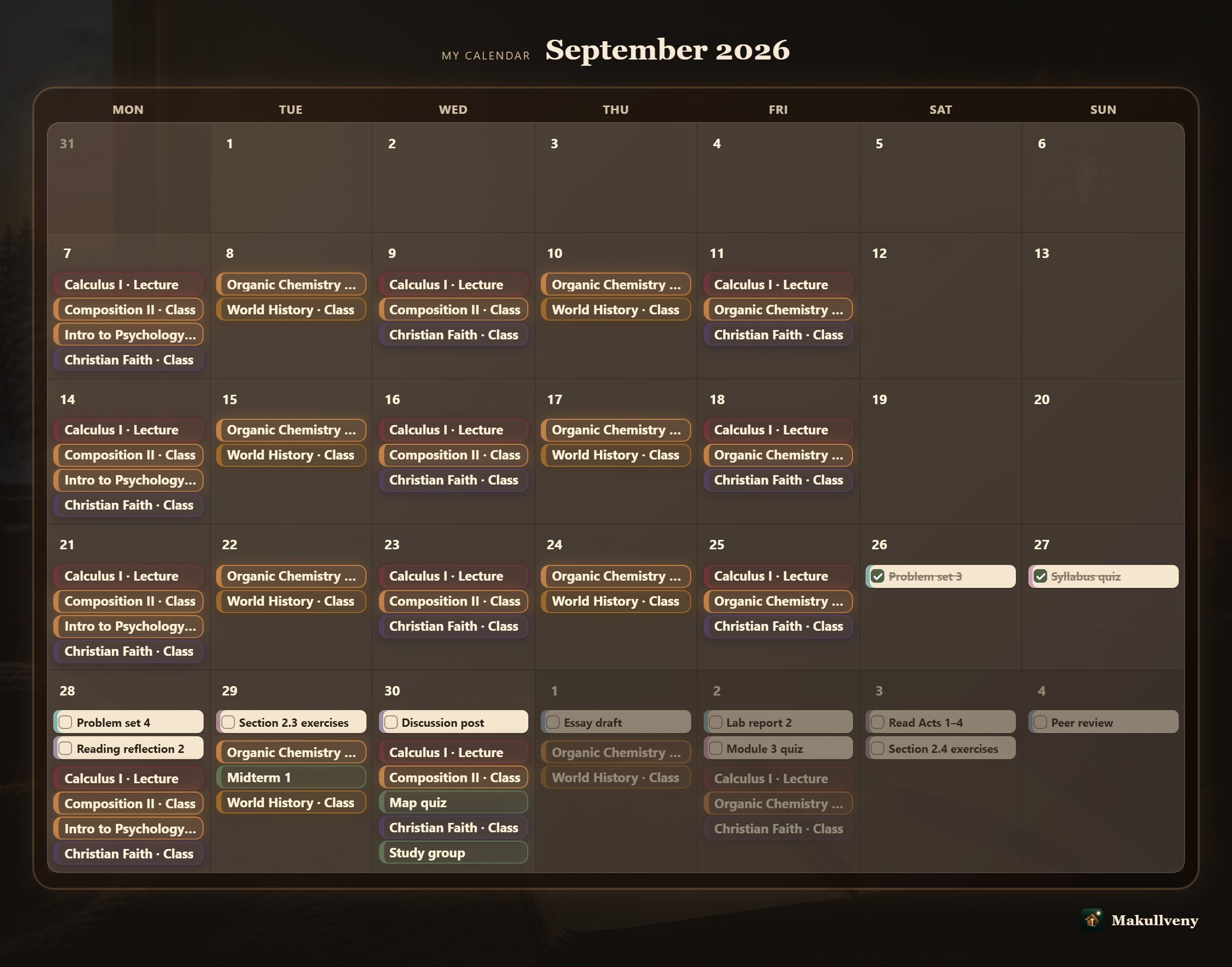 A shared picture of the calendar month: September 2026 with every class and assignment on its day