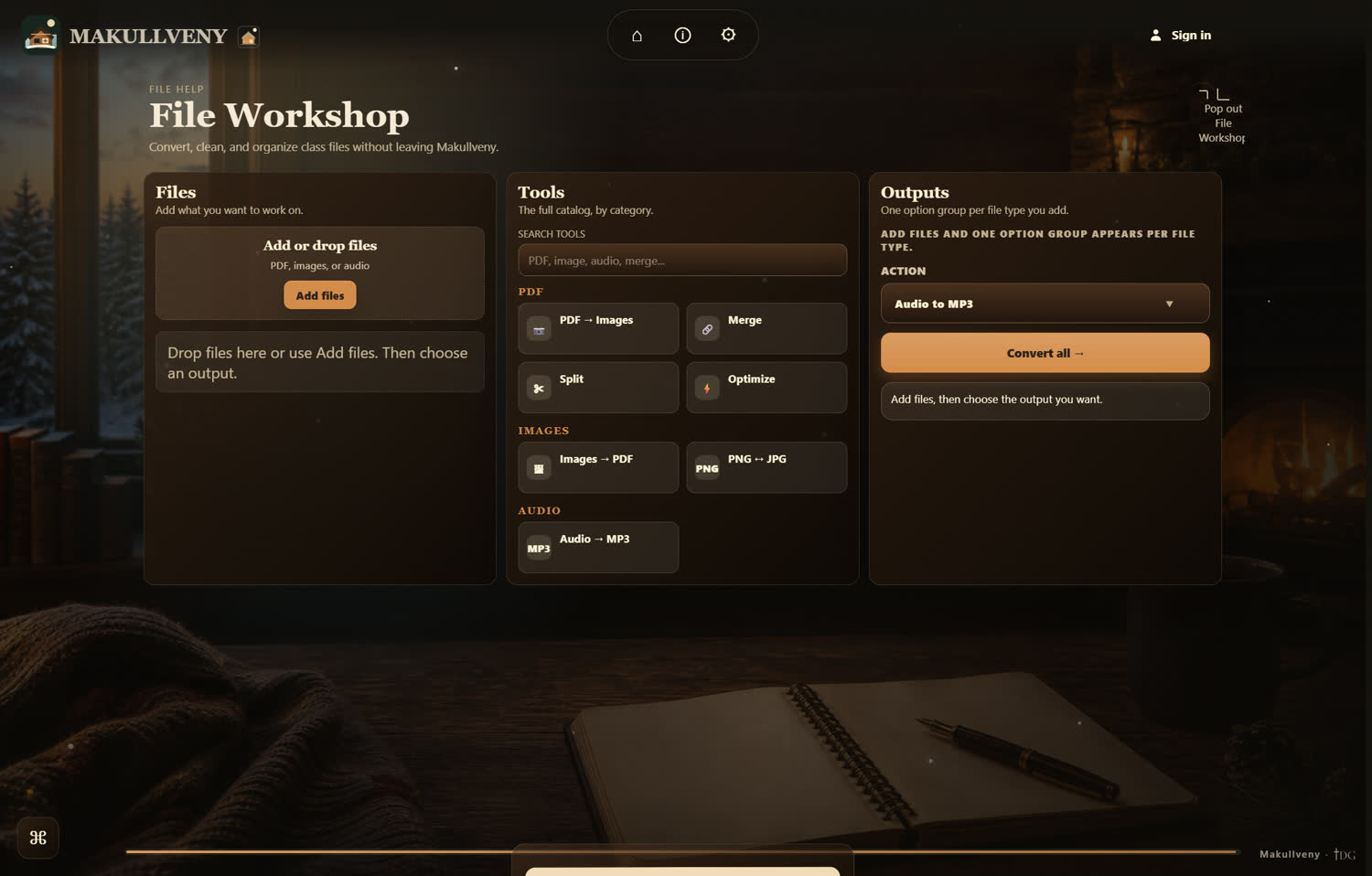 File Workshop: a files panel, the tool catalog by category, and the outputs panel