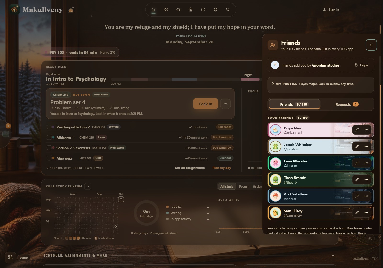 The Makullveny dashboard with the Friends sheet open: your @username to share, a My profile line, Friends 6 of 150 and one waiting request, and six friend cards, each tinted in that friend's own app theme