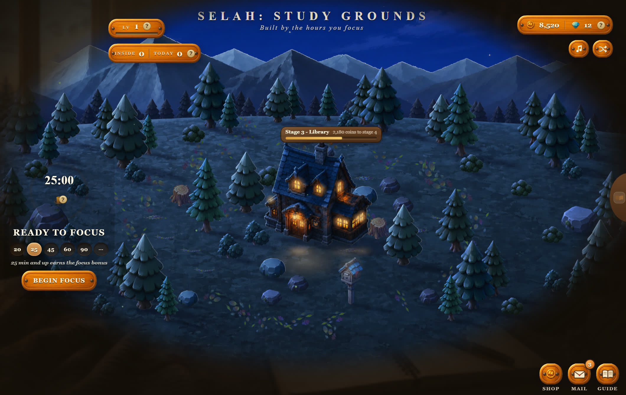 The same Selah meadow at night — stars over snow-capped peaks, the book shack lit warm from inside