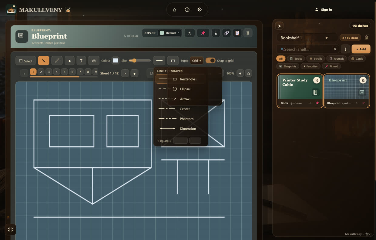 The blueprint sheet: a blue drafting grid with line-type and shape tools