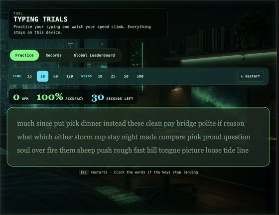 Typing Trials in the Neon Terminal theme