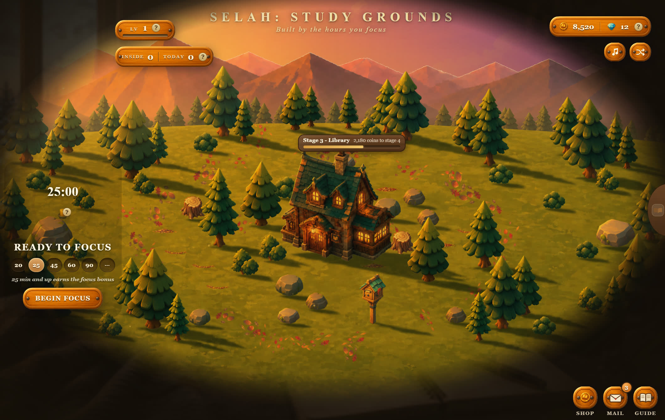 Selah: Study Grounds at golden hour — a painted meadow with pine forest and mountains, a book shack in the middle, a focus timer at 25:00, and a coin purse, shop and mail at the edges