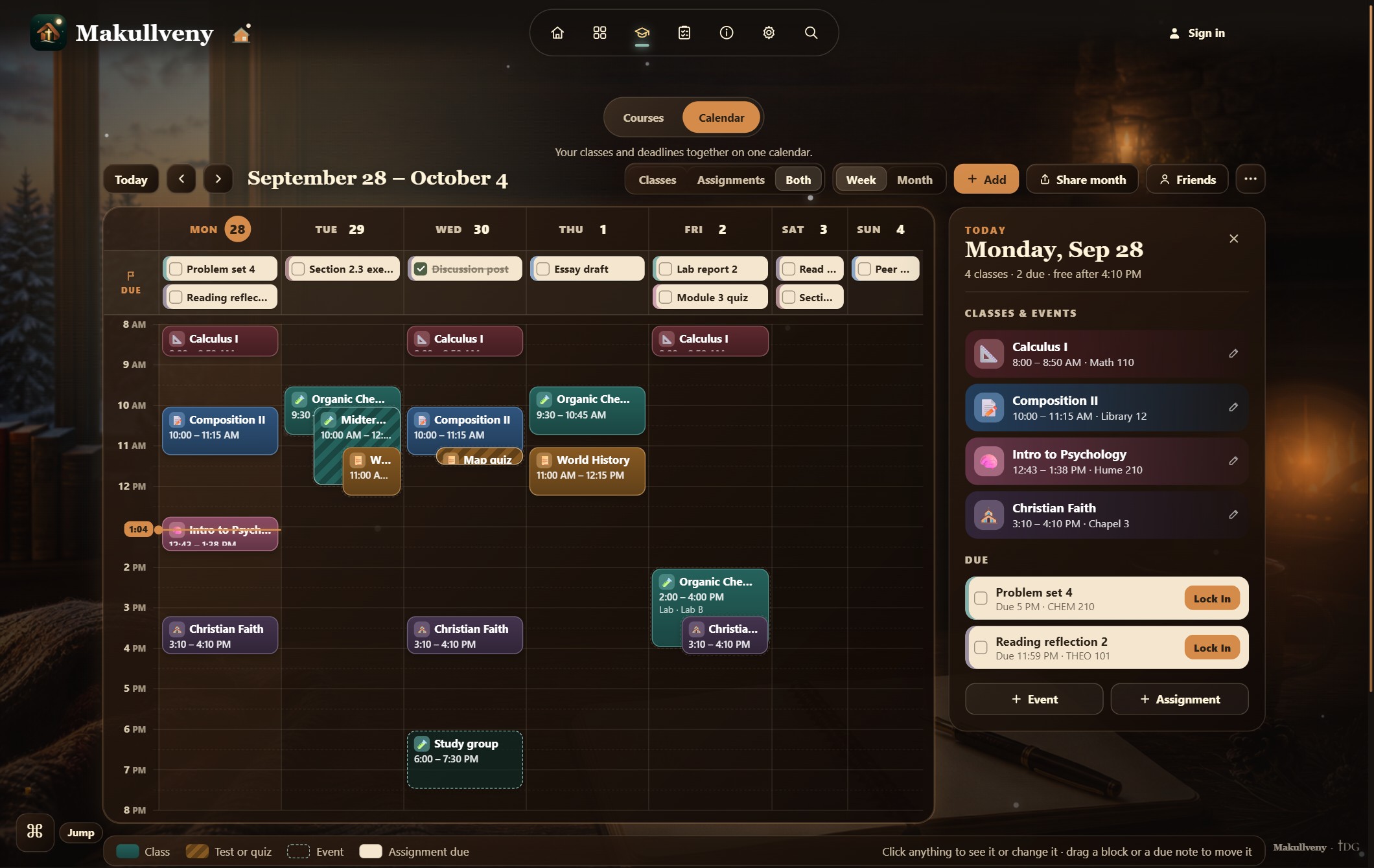 Study Hall Calendar: a week with classes laid out by hour, deadlines along the top, an exam marked as a test, and a line across the current time