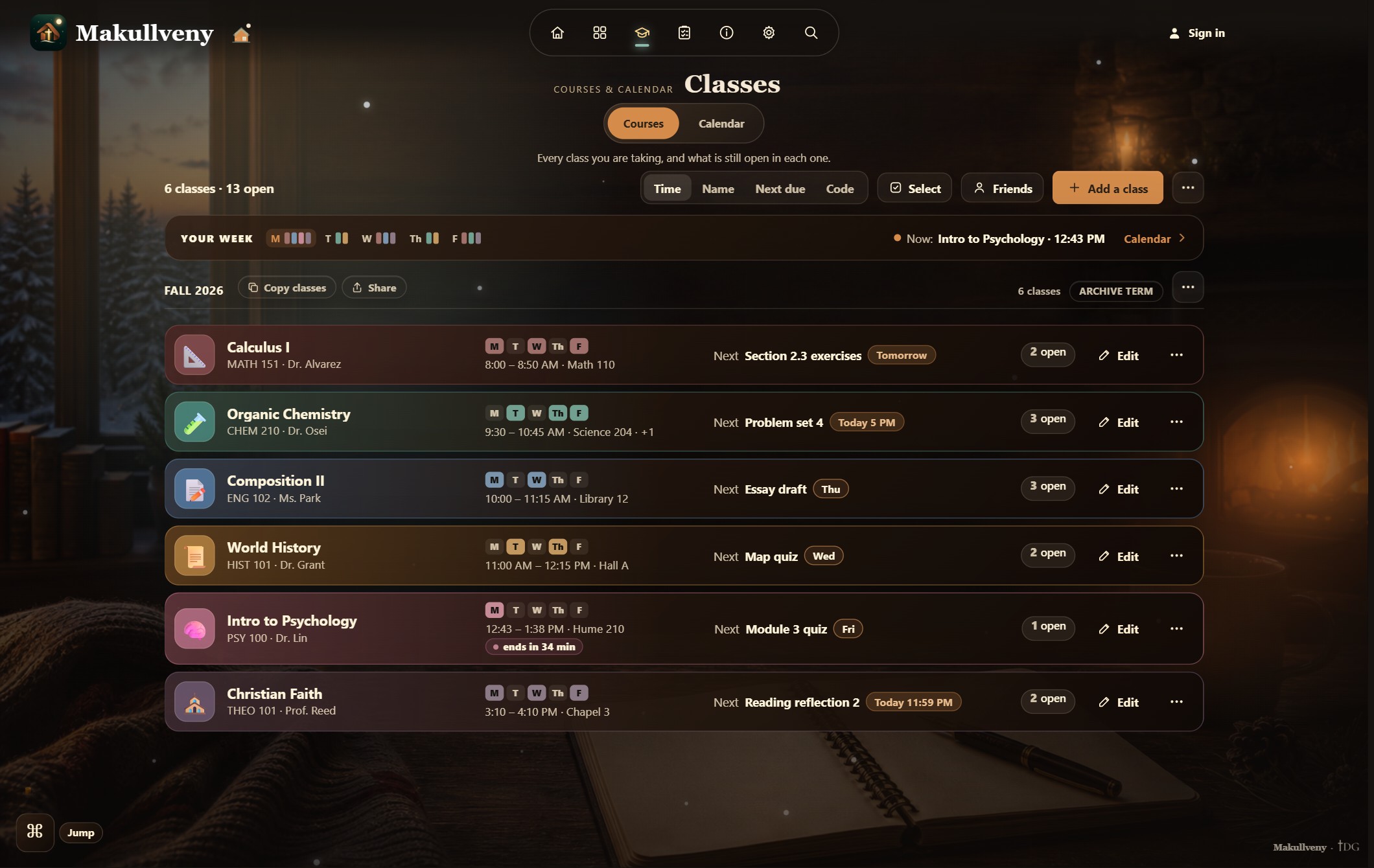 Classes, the Courses tab: 6 classes and 13 open, a Your week strip, and the Fall 2026 classes each with its next due item and one ending in 34 minutes
