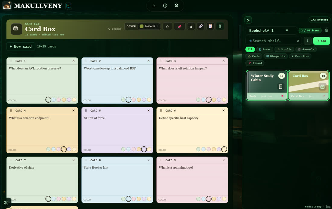 A card box of study cards in the Neon Terminal theme