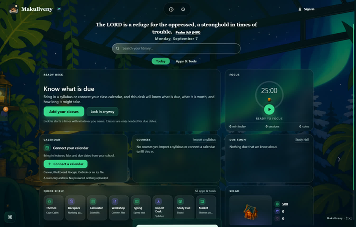 The Makullveny dashboard in the Aurora Glasshouse illustrated theme
