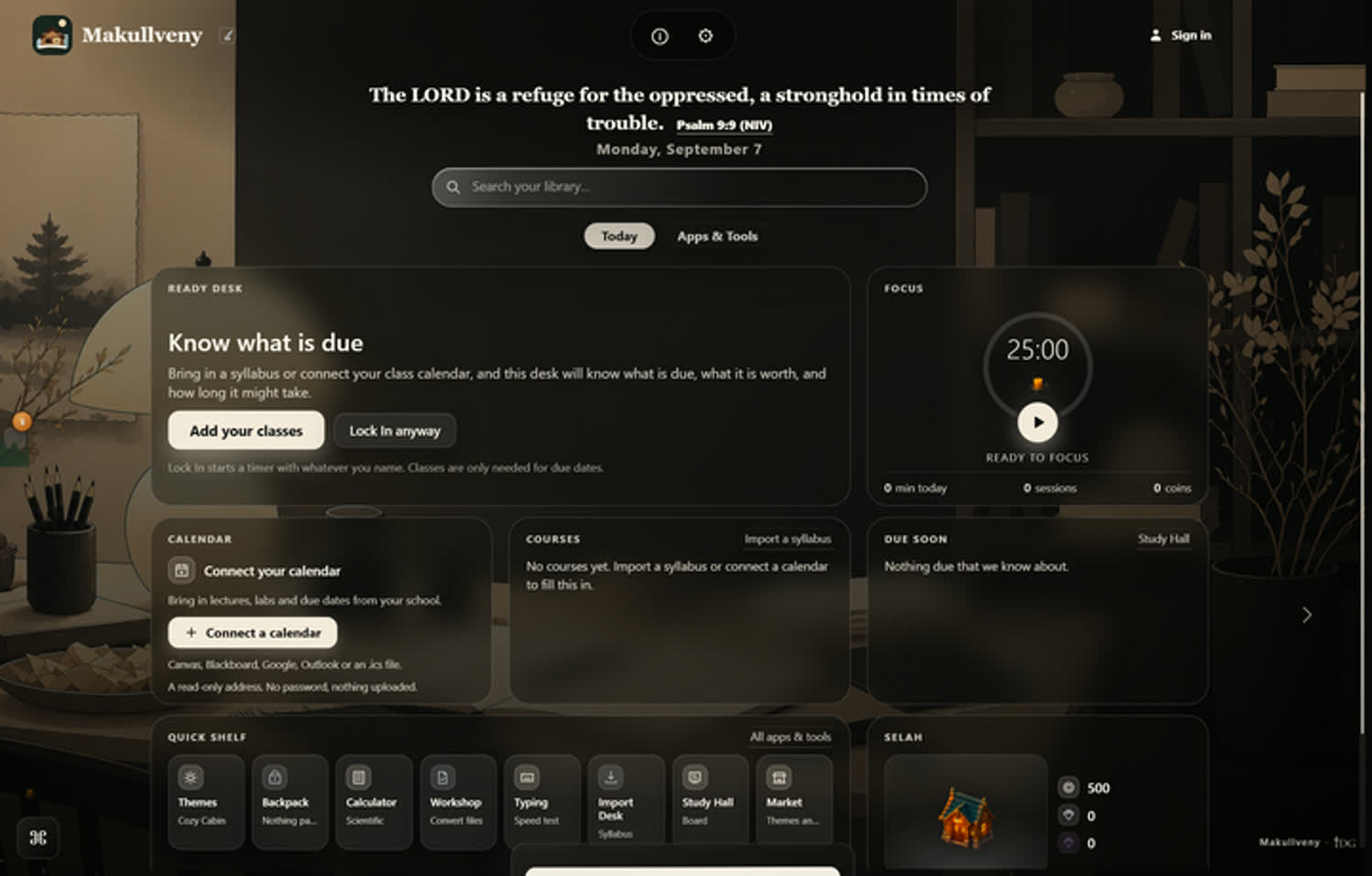 The Makullveny dashboard in the Ink and Ivory illustrated theme