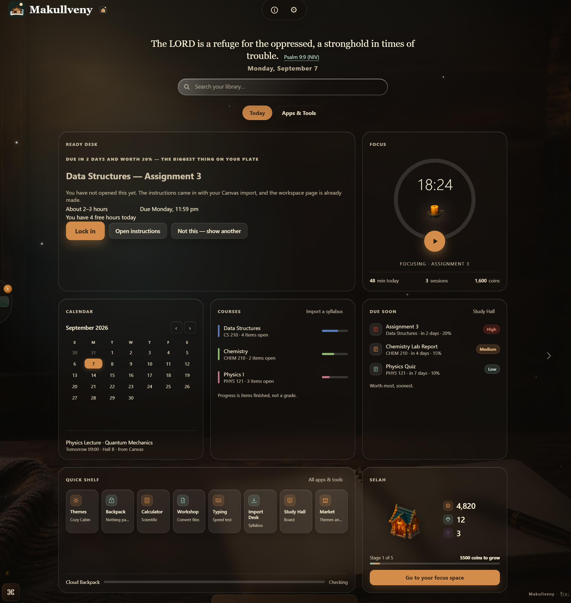 The Makullveny Today dashboard: a Ready desk card naming the next assignment and why it matters, a focus timer at 18:24 with a lit candle, a September calendar, course progress bars, a due-soon list, the Quick shelf of tools and the Selah study grounds